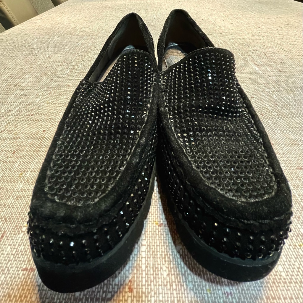 Donald Pliner Black Suede Studded Women Loafers.